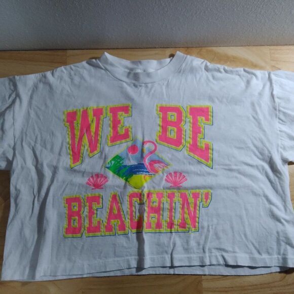 Vintage 90s Speedo We Be Beachin' Neon Logo Crop Top T-Shirt - Picture 1 of 8